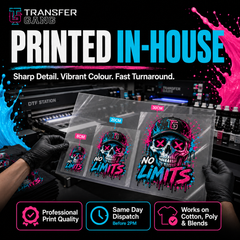 Promotional graphic for a DTF transfers UK showing a printed skull design sample on a clear transfer sheet. The design features a white skull with pink and blue paint splatter details and the text 'NO LIMITS'.