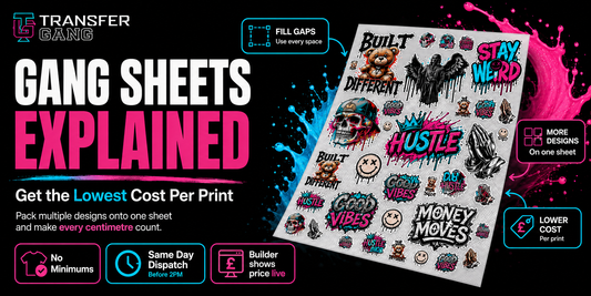 Promotional graphic for Transfer Gang Gang Sheets Explained, showing a sample sheet of colourful gang-style transfers on a black background with marketing text and feature icons.