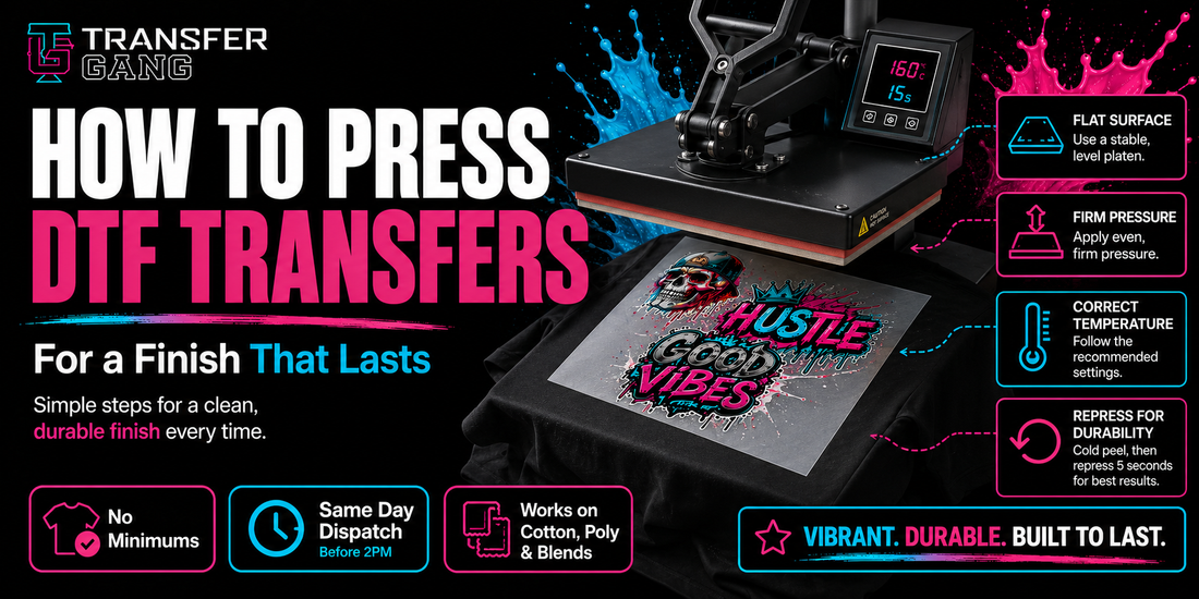 Promotional graphic with the text 'HOW TO PRESS DTF TRANSFERS' and the Transfer Gang logo, showing a heat press machine pressing a colorful graphic onto a shirt, with feature callouts on the right.