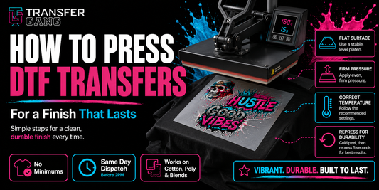 Promotional graphic with the text 'HOW TO PRESS DTF TRANSFERS' and the Transfer Gang logo, showing a heat press machine pressing a colorful graphic onto a shirt, with feature callouts on the right.