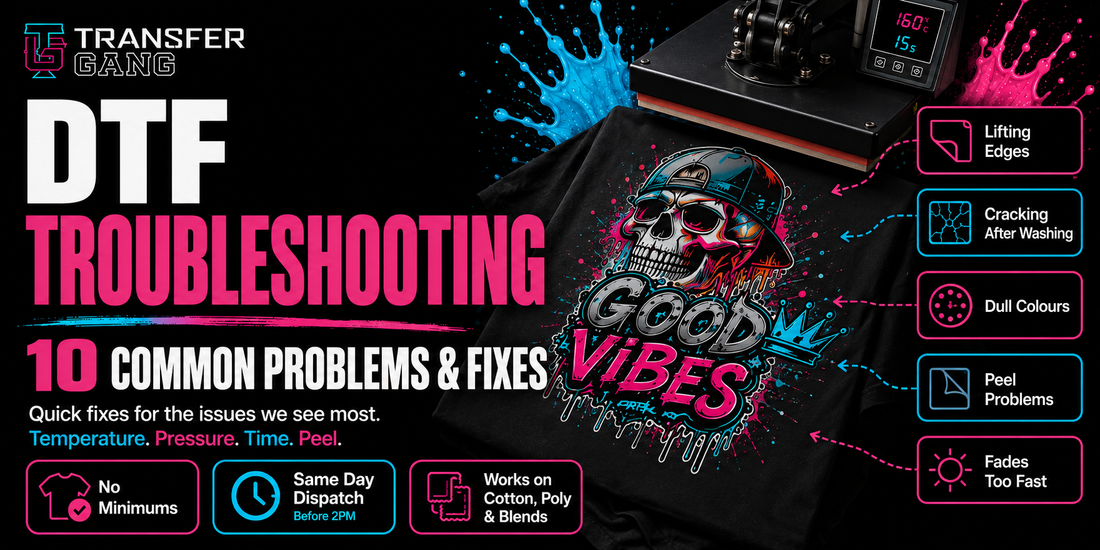 Promotional graphic for a DTF (Direct to Film) troubleshooting guide by Transfer Gang, featuring a black t-shirt with a colorful skull graphic and text explaining 10 common problems and fixes.