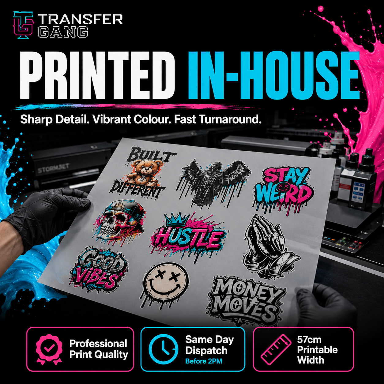 A promotional graphic for a transfer sticker sheet held by gloved hands. The sheet contains multiple colourful and black-and-white graphic designs, including skulls, praying hands, a smiley face, and motivational phrases like 'Stay Weird', 'Hustle', 'Good Vibes', and 'Money Moves'.
