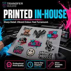 A promotional graphic for a transfer sticker sheet held by gloved hands. The sheet contains multiple colourful and black-and-white graphic designs, including skulls, praying hands, a smiley face, and motivational phrases like 'Stay Weird', 'Hustle', 'Good Vibes', and 'Money Moves'.