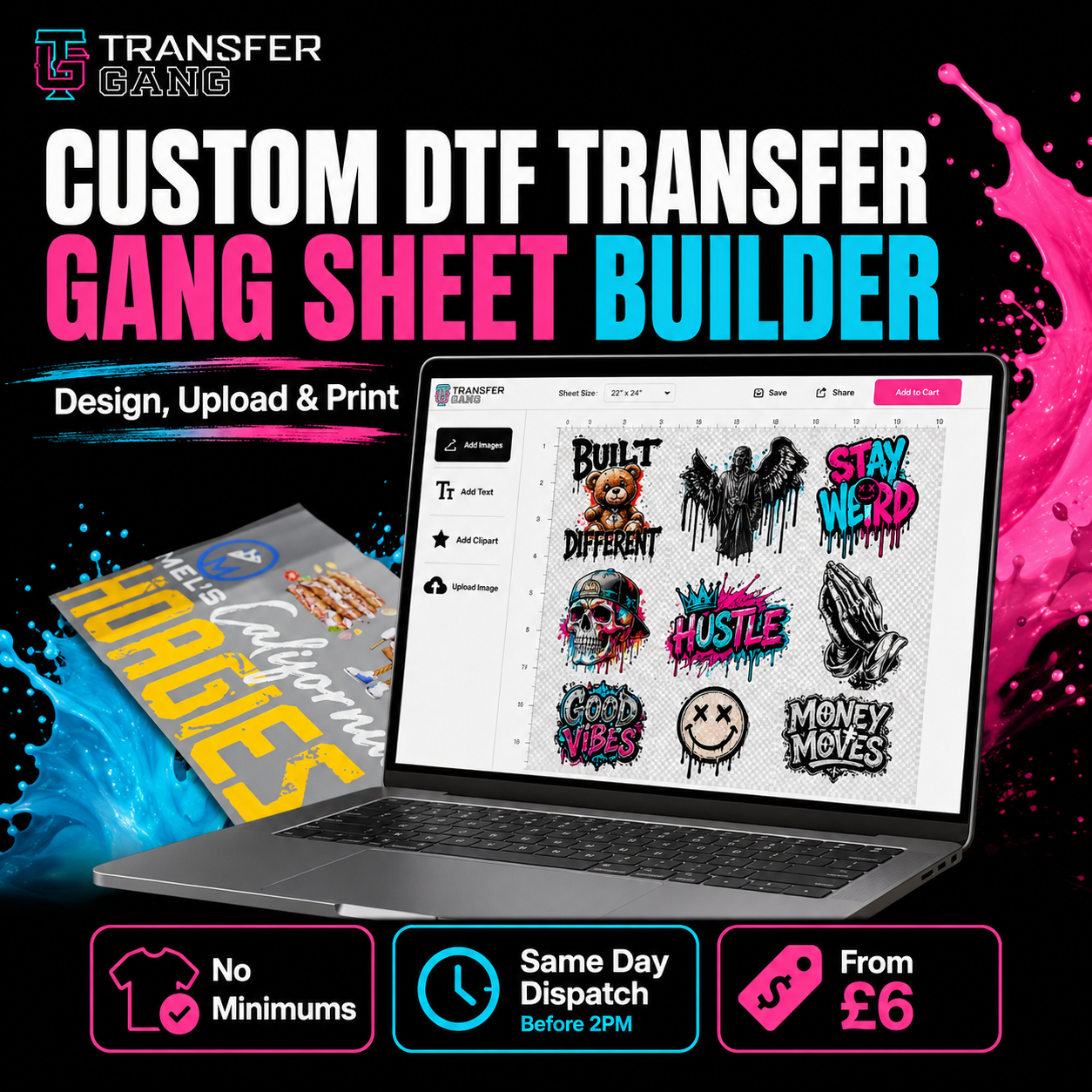 Custom DTF transfer gang sheet builder by Transfer Gang, showing a laptop with a digital design preview, a printed transfer sheet, and marketing text including 'Design, Upload & Print', 'Same Day Dispatch Before 2PM', and 'From £6'.