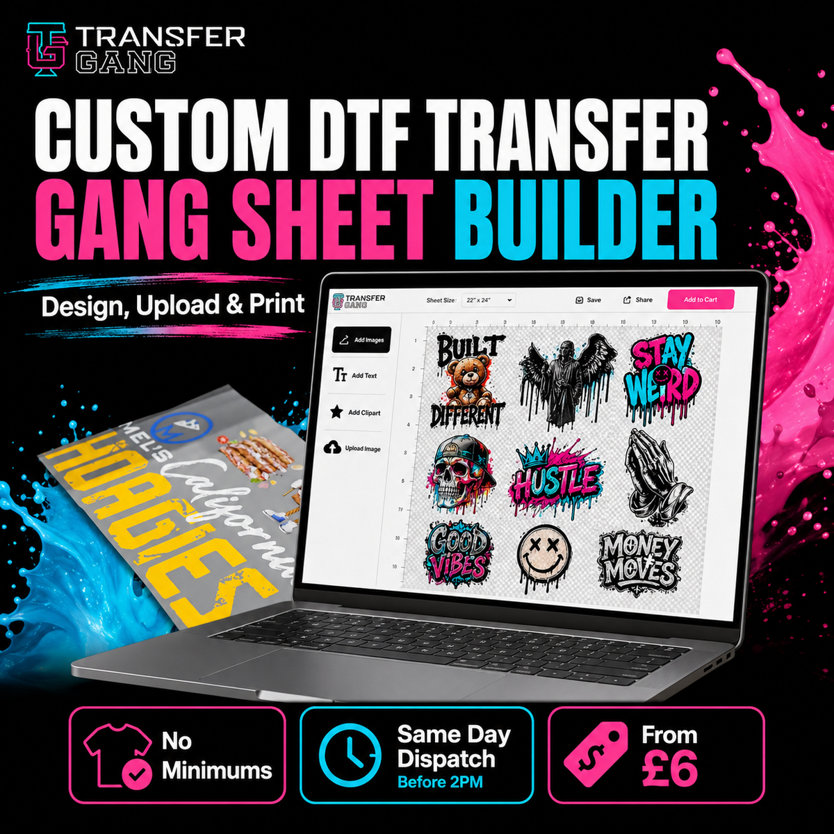 Custom DTF transfer gang sheet builder by Transfer Gang, showing a laptop with a digital design preview, a printed transfer sheet, and marketing text including 'Design, Upload & Print', 'Same Day Dispatch Before 2PM', and 'From £6'.