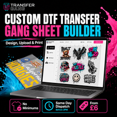 Custom DTF transfer gang sheet builder by Transfer Gang, showing a laptop with a digital design preview, a printed transfer sheet, and marketing text including 'Design, Upload & Print', 'Same Day Dispatch Before 2PM', and 'From £6'.