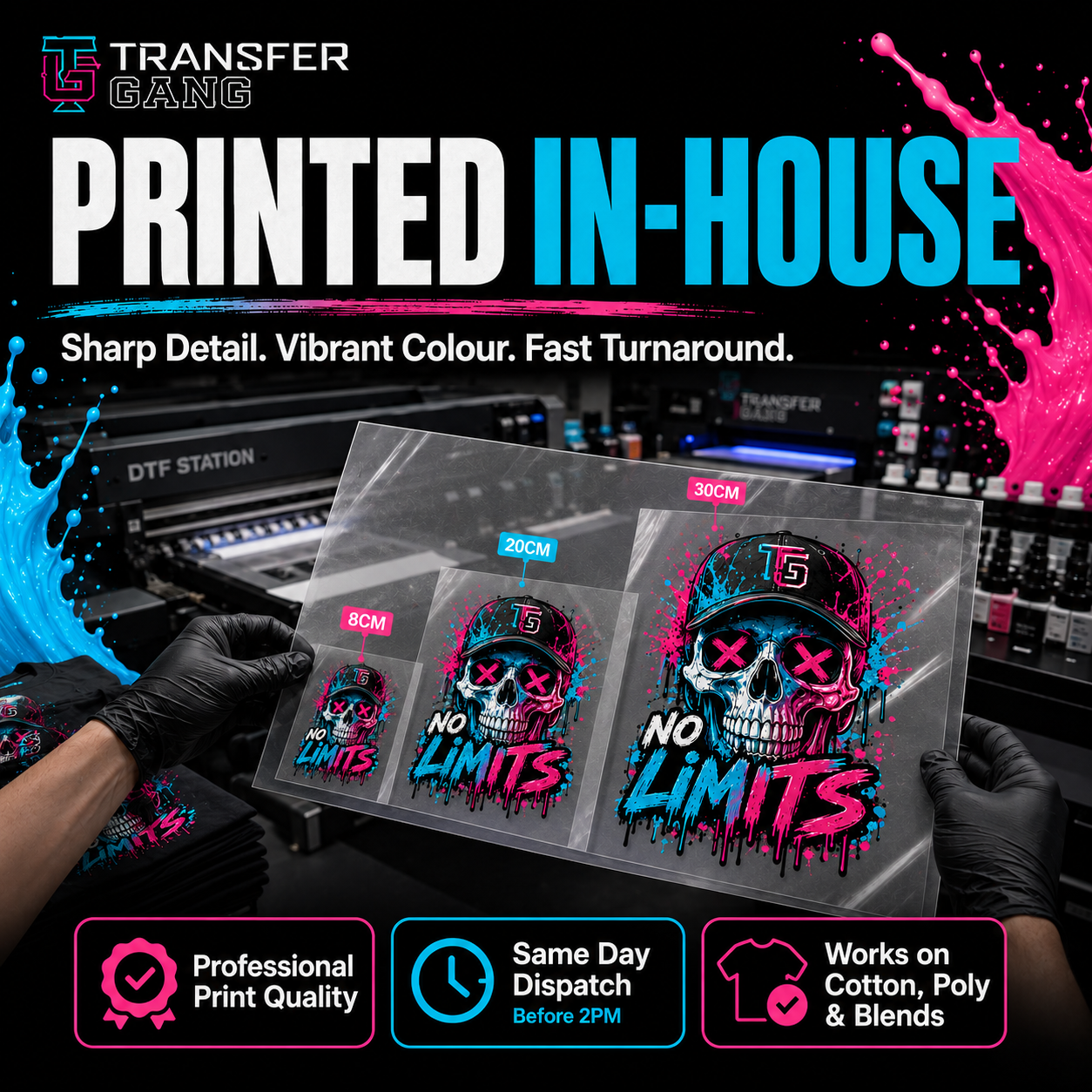 Promotional graphic for a DTF transfers UK showing a printed skull design sample on a clear transfer sheet. The design features a white skull with pink and blue paint splatter details and the text 'NO LIMITS'.