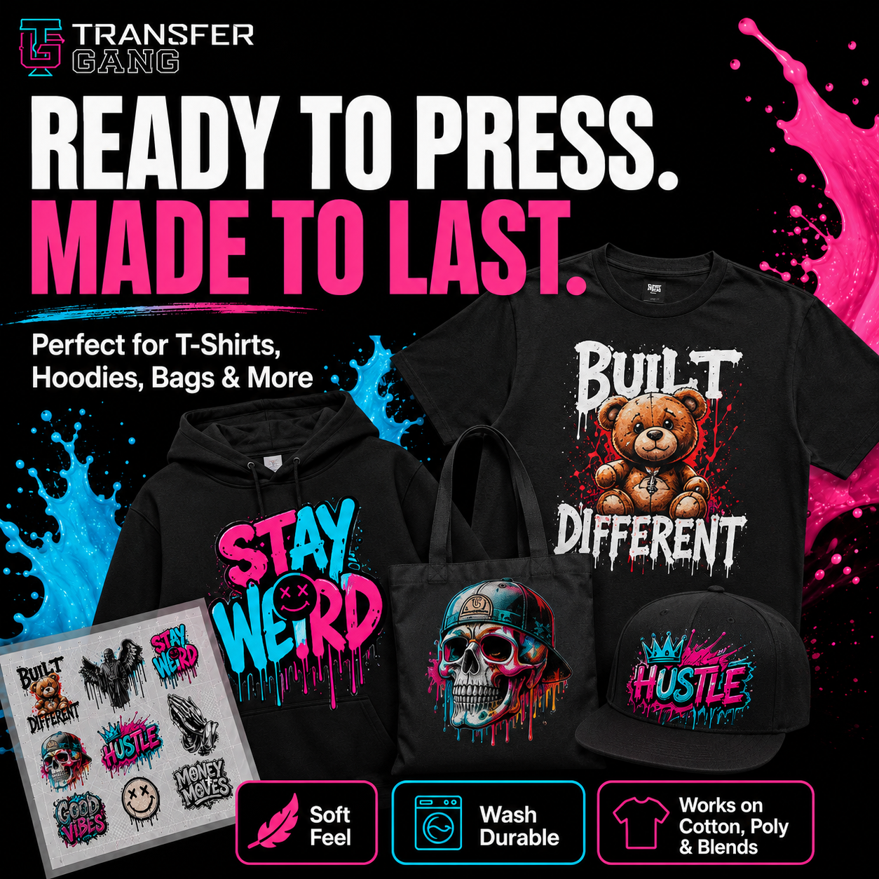 Promotional graphic for Transfer Gang transfer stickers, showing several black apparel items with colourful printed designs, including a hoodie, T-shirt, tote bag, and cap, plus a sheet of transfer stickers and feature callouts on a black background.