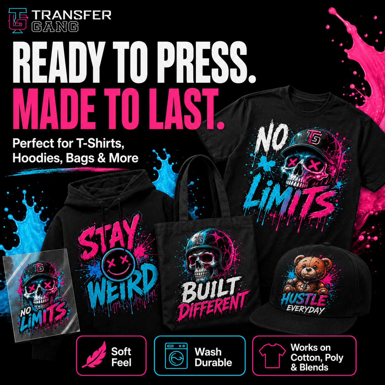A promotional product graphic for DTF transfers design showing multiple black apparel items with bright pink and blue graphic prints: a hoodie, tote bag, T-shirt, and cap, plus a small printed sample sleeve. Large text reads 'READY TO PRESS.