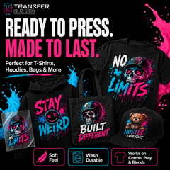A promotional product graphic for DTF transfers design showing multiple black apparel items with bright pink and blue graphic prints: a hoodie, tote bag, T-shirt, and cap, plus a small printed sample sleeve. Large text reads 'READY TO PRESS.